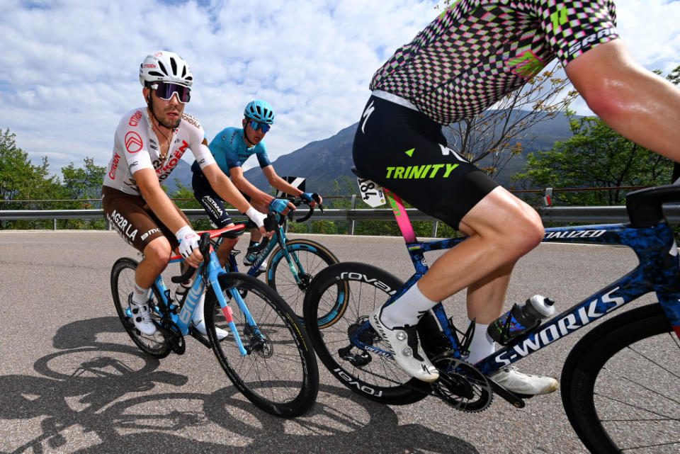 BRENTONICO SAN VALENTINO ITALY  APRIL 19 LR Andrea Vendrame of Italy and Ag2R Citron Team Joe Dombrowski of The United States and Astana Qazaqstan Team compete in the breakaway during the 46th Tour of the Alps 2023 Stage 3 a 1625km stage from Ritten to Brentonico San Valentino 1321m on April 19 2023 in Brentonico San Valentino Italy Photo by Tim de WaeleGetty Images