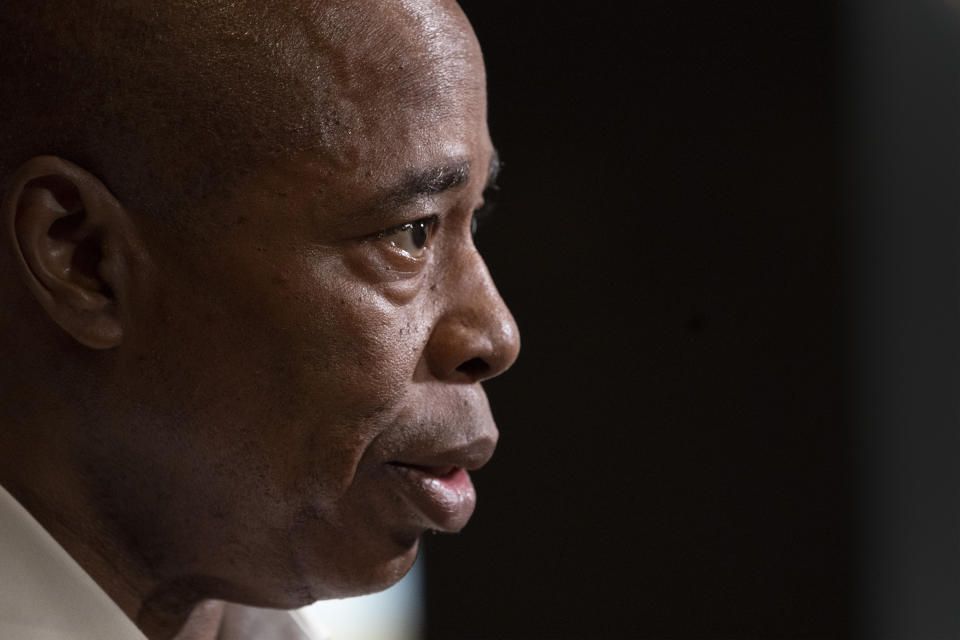 Eric Adams, the Democratic candidate for New York mayor, speaks during an interview at a Brooklyn diner, Wednesday, Aug. 4, 2021, in New York. (AP Photo/Mark Lennihan)