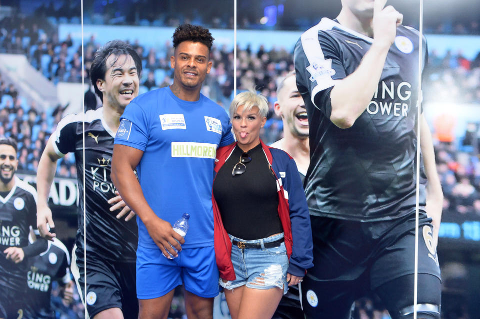 Kerry Katona with ex-husband George Kay at King Power Stadium ahead of the Celebrity Charity Football Match (Credit: Plumb Images/Leicester City FC via Getty Images)