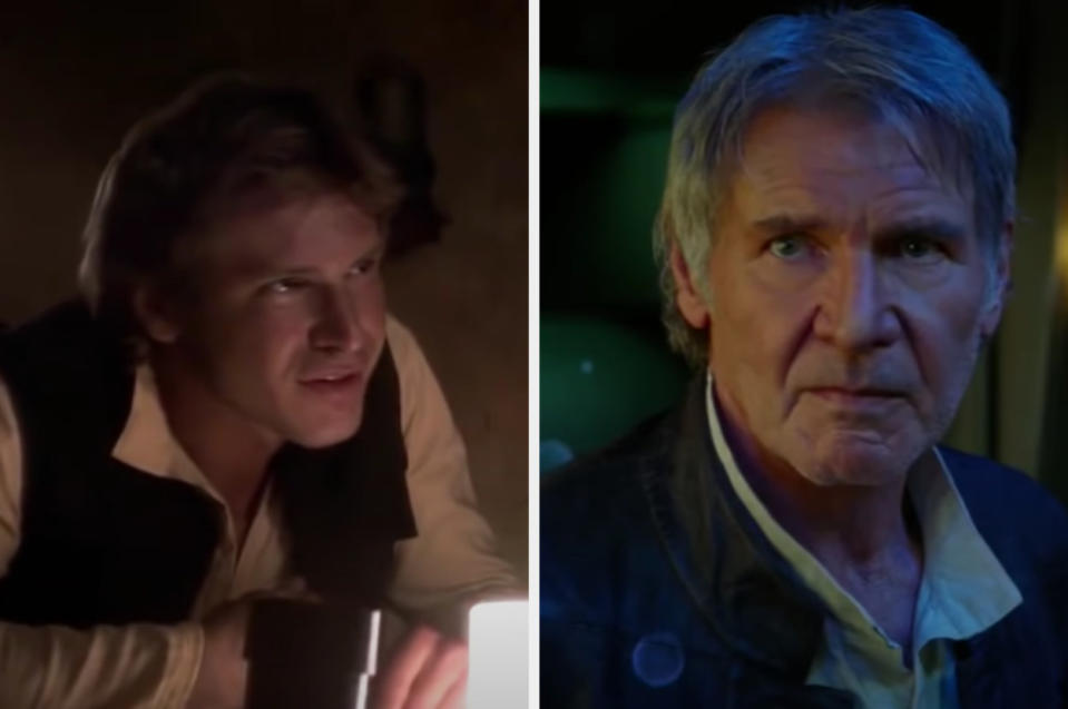 Harrison Ford plays Han Solo in the original "Star Wars" film and again in "Star Wars Episode 7: The Force Awakens"