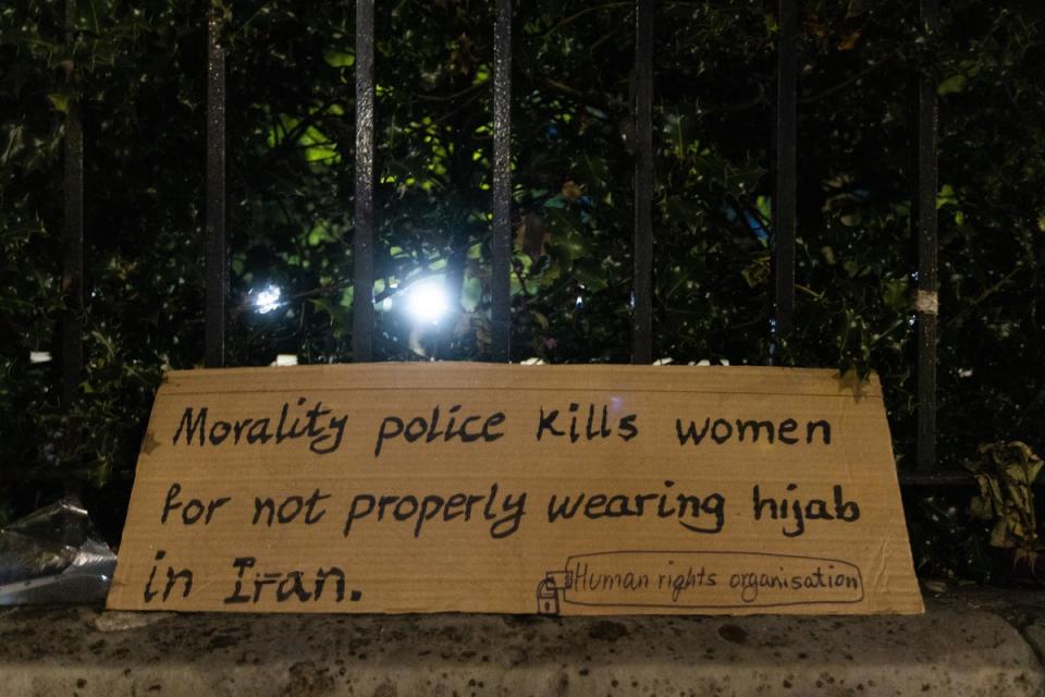 The scene outside the Iranian Embassy in central London, after protesters clashed with police as they call for an end to the Islamic Republic of Iran.They were protesting against the death of Iranian Mahsa Amini, a 22-year-old woman who died in Iran while in police custody, who was arrested by Iran’s morality police for allegedly violating its strictly-enforced dress code (PA)