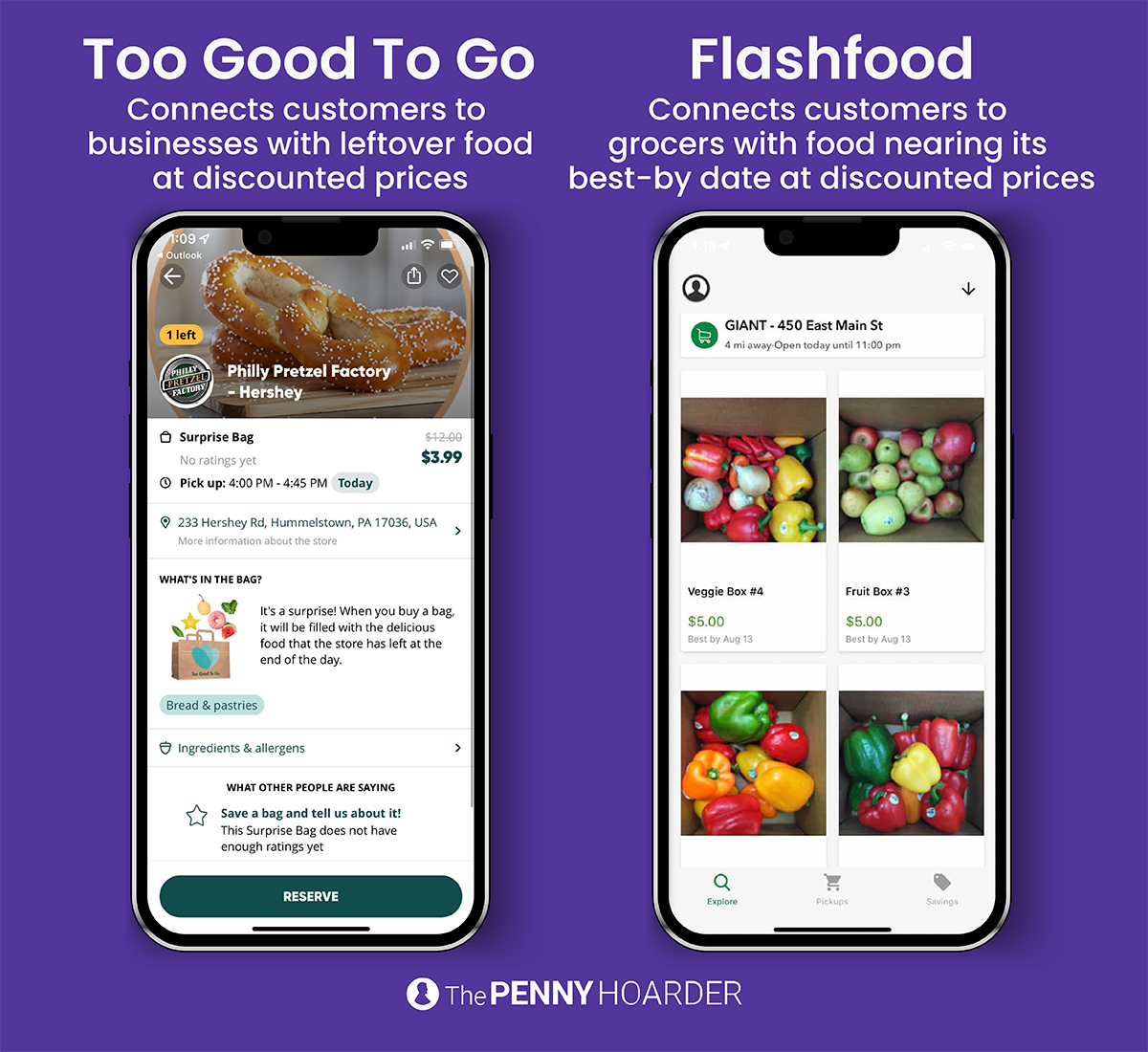 A graphic shows what the too good to go and flash food smartphone apps look like