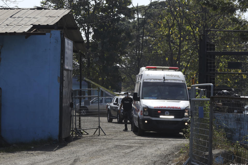 An ambulance leaves the Litoral Penitentiary after deadly clashes in Guayaquil, Ecuador, Tuesday, July 25, 2023. (AP Photo/Cesar Muñoz)