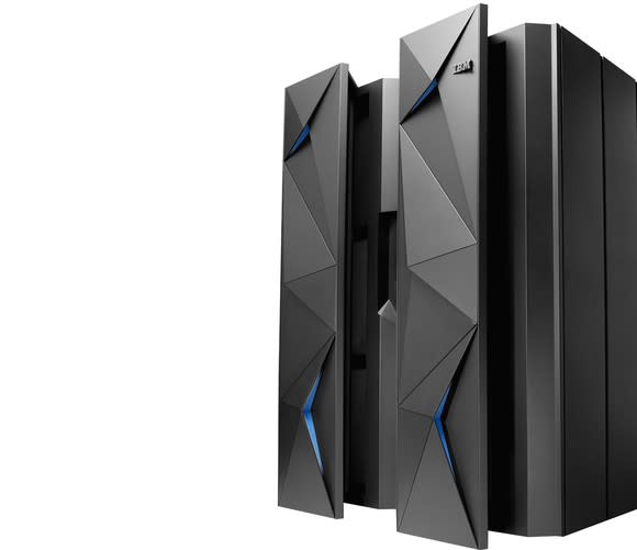 A black System Z mainframe system against a stark white background.