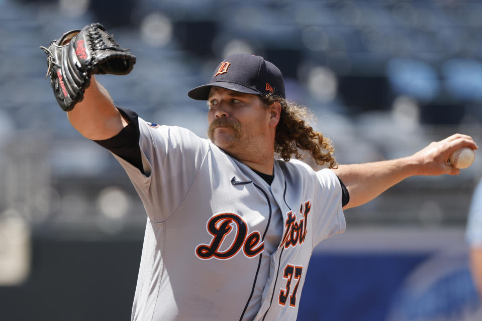 Detroit Tigers relief pitcher Andrew Chafin throws to a Kansas City Royals batter during the sixth inning of the first game of a baseball doubleheader against the Kansas City Royals in Kansas City, Mo., Monday, July 11, 2022. (AP Photo/Colin E. Braley)