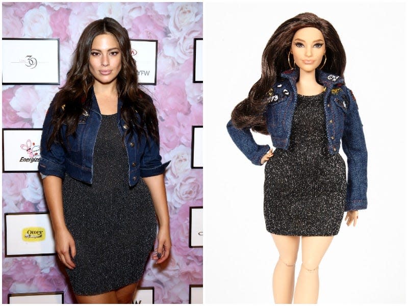 Ashley Graham as a Barbie in a side by side image