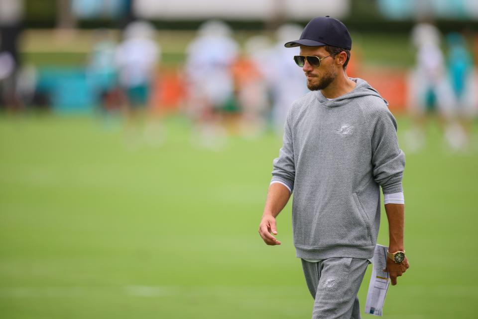 Jul 24, 2024; Miami Gardens, FL, USA; Miami Dolphins head coach Mike McDaniel looks on during training camp at Baptist Health Training Complex. Mandatory Credit: Sam Navarro-USA TODAY Sports