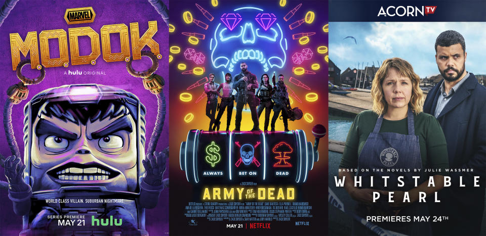 This combination of photos shows promotional art for, from left, "Marvel’s M.O.D.O.K.," premiering May 21 on Hulu, "Army of the Dead," premiering May 21 and “Whitstable Pearl,” an original Acorn TV six-part mystery series debuting May 24. (Hulu/Netflix/Acorn TV via AP)