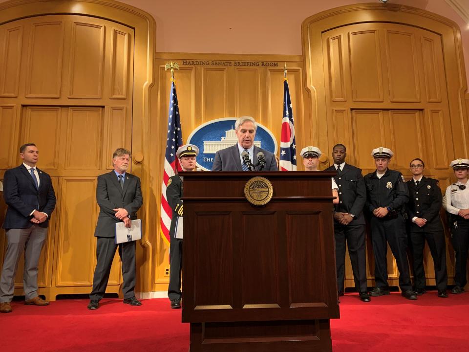 Fraternal Order of Police of Ohio President Gary Wolske speaks at a press conference Dec. 2, 2021, advocating for legislation to boost employer contributions to the police and fire pension system.
