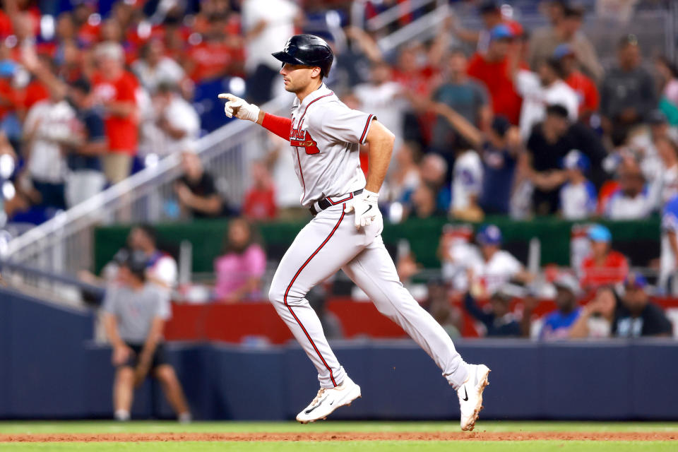 MIAMI, FLORIDA - SEPTEMBER 16: Matt Olson #28 of the Atlanta Braves rounds the bases after hitting a home run against the Miami Marlins during the sixth inning of the game at loanDepot park on September 16, 2023 in Miami, Florida. (Photo by Megan Briggs/Getty Images)