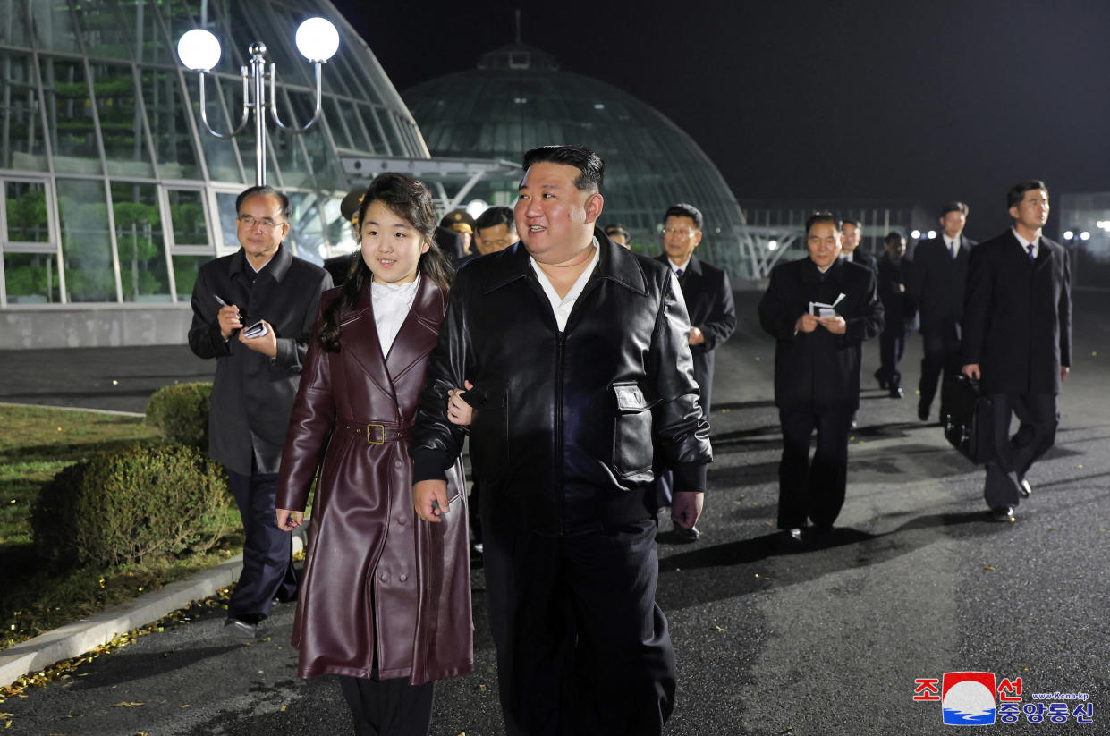 North Korean leader Kim Jong Un and his daughter Kim Ju Ae visit the Gangdong Greenhouse in North Korea, in this picture released on March 16, 2024, by the Korean Central News Agency. KCNA via REUTERS    ATTENTION EDITORS - THIS IMAGE WAS PROVIDED BY A THIRD PARTY. REUTERS IS UNABLE TO INDEPENDENTLY VERIFY THIS IMAGE. NO THIRD PARTY SALES. SOUTH KOREA OUT. NO COMMERCIAL OR EDITORIAL SALES IN SOUTH KOREA.