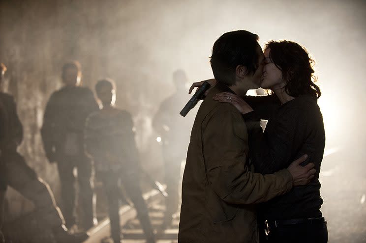 Steven Yeun as Glenn and Lauren Cohan as Maggie Greene in AMC's The Walking Dead. (Photo Credit: Gene Page/AMC)