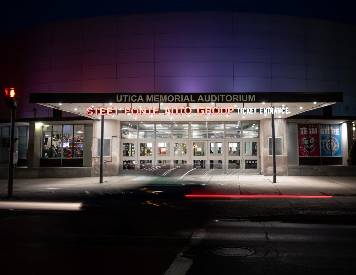 An exterior view of the Adirondack Bank Center in Utica, NY.