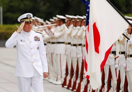 New U.S. Indo-Pacific military commander (INDOPACOM) Adm. Phillip Davidson reviews an honor guard at the Defense Ministry in Tokyo, Japan, June 21, 2018. REUTERS/Issei Kato