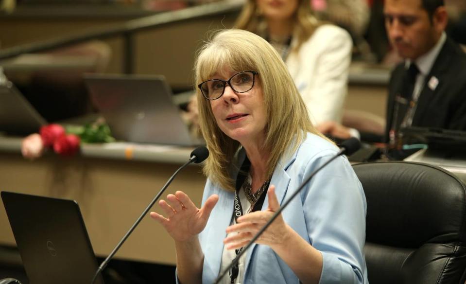 USD 259 Chief Financial Officer Susan Willis shares data compiled by district staff at a school board meeting Monday, where she announced which Wichita schools should be closed at the end of this academic year.