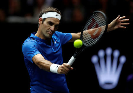 Tennis - Laver Cup - 3rd Day - Prague, Czech Republic - September 24, 2017 - Roger Federer of team Europe in action against Nick Kyrgios of team World. REUTERS/David W Cerny