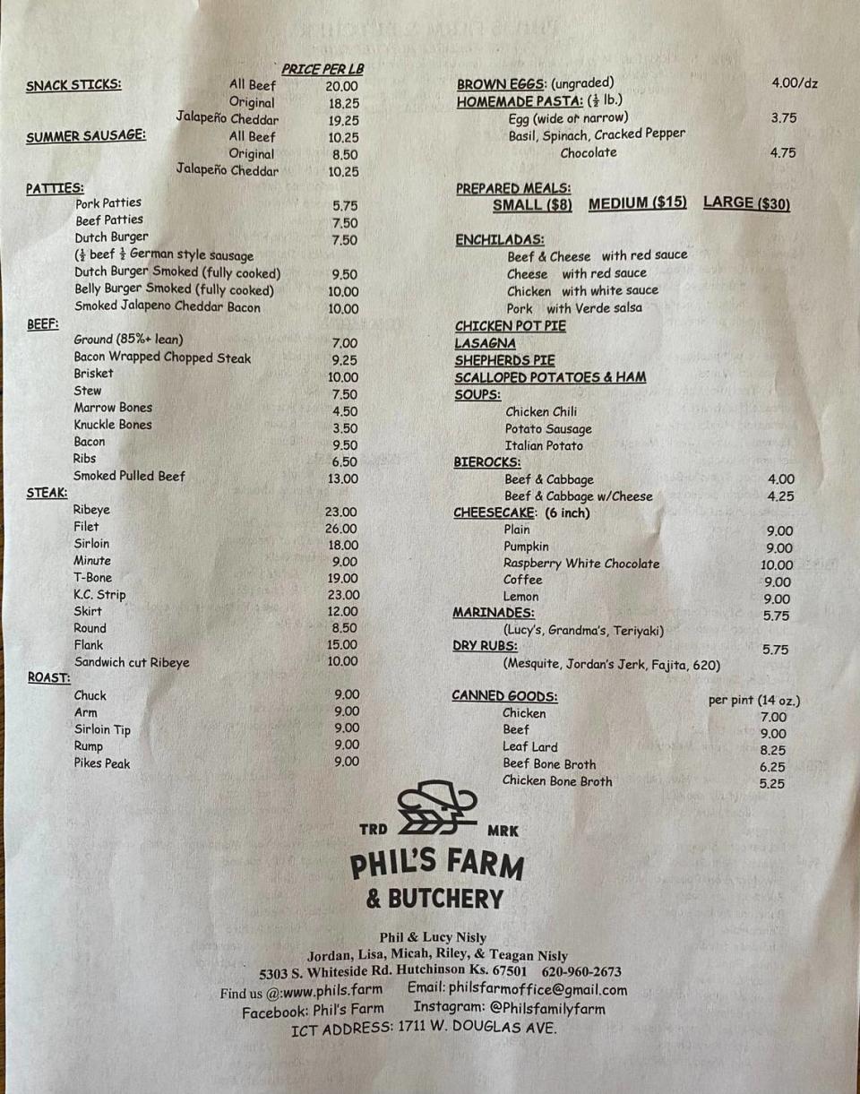 Phil’s Farm price sheet page 2. The prepared dishes listed are available only at the Farmers Market for now.