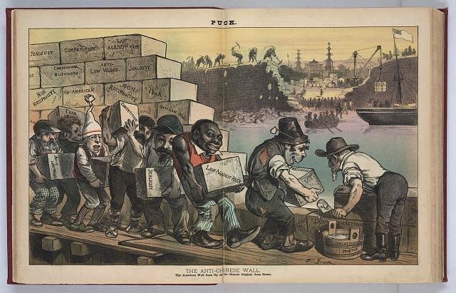 &ldquo;The Anti-Chinese Wall,&rdquo; an 1882 political cartoon from &ldquo;The Puck&rdquo; magazine, which reads: &ldquo;The American Wall Goes Up as the Chinese Original Goes down.&rdquo; Courtesy of the Library of Congress. (Photo: Steeplechase Films/The Chinese Exclusion Act)