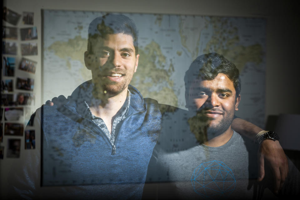 Alex Modon, left, and Vikram Tiwari, co-founders of Omni Labs, Inc., on April 13, 2018, in San Francisco. (Photo: Eric Kayne for Yahoo News)