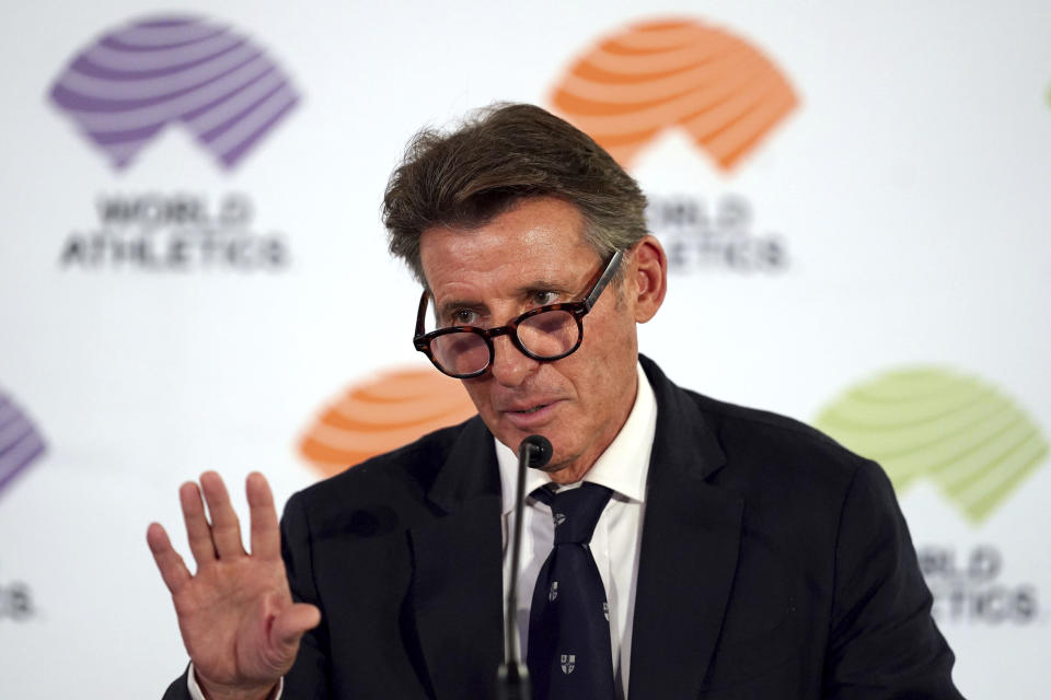 President of World Athletics, Sebastian Coe gestures during a press conference ahead of the World Athletics Championships in Budapest, Hungary, Thursday Aug. 17, 2023. (Martin Rickett/PA via AP)