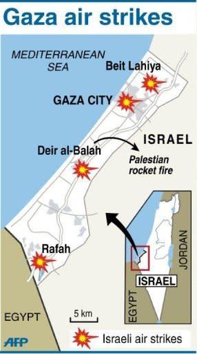 Map of Gaza locating Israeli air raids and Palestinian rocket fire