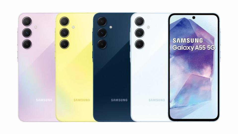 Galaxy A55 5G共推出雪沙紫、凍檸黃、冰藍莓、蘇打藍四款顏色。（圖／業者提供）
