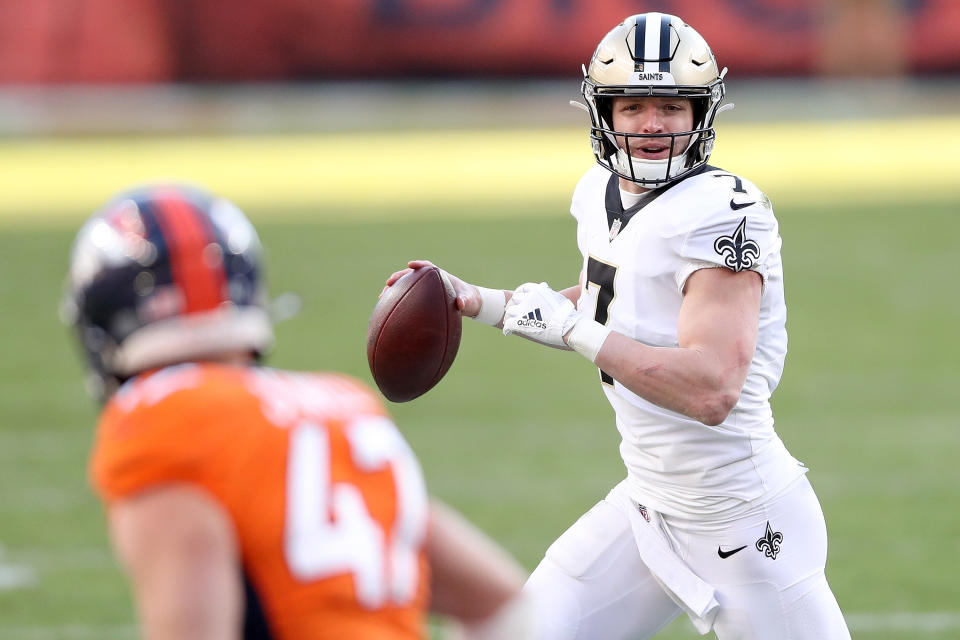 Taysom Hill will try to put up another nice start against the Falcons this week. (Photo by Matthew Stockman/Getty Images)