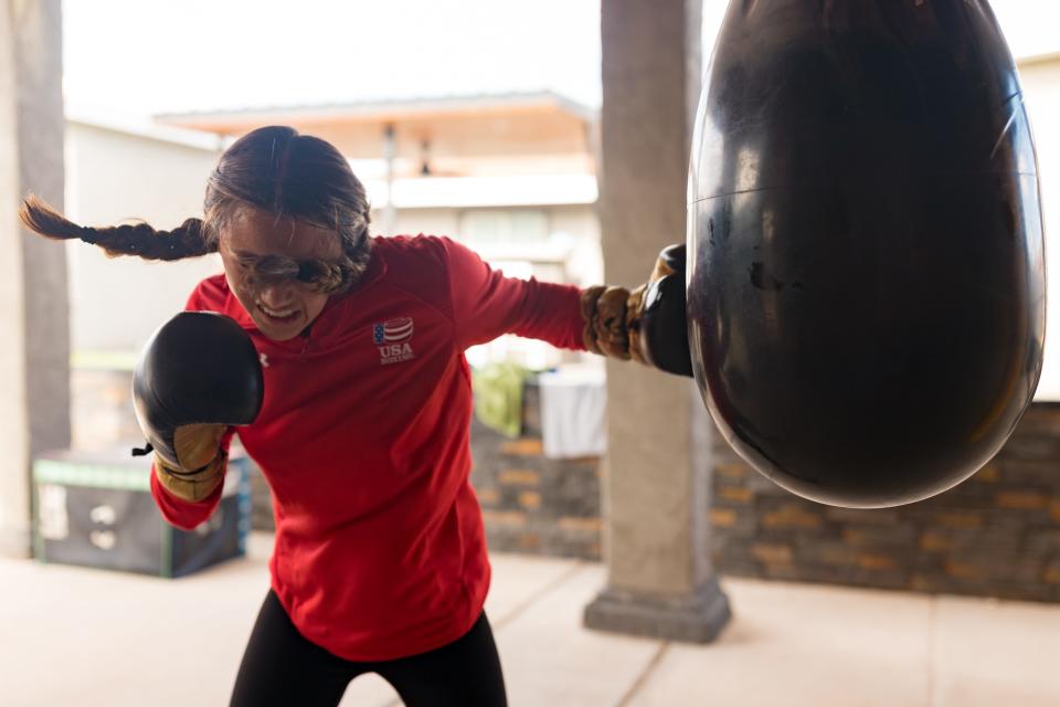 El Paso amateur boxer Ivy Enriquez trains for the Junior Olympics Tournament on Wednesday, June 22, 2022, at her home in El Paso, Texas.