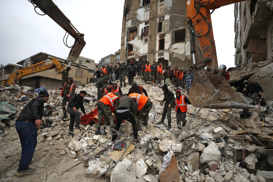 Collapsed buildings in Hama, Syria.  (Omar Sanadik / AP)