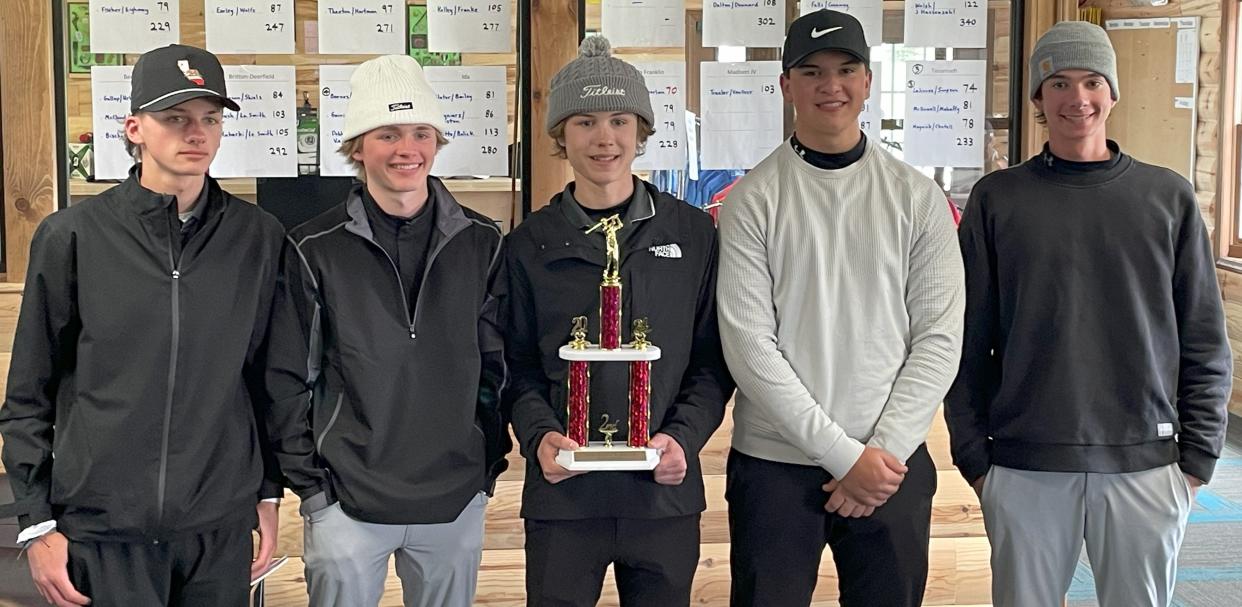 Bedford golfers (left to right) Cobin Stelmaszak, Carter Klawonn, Frank Soss, Camden Price and Spencer Eighmey pose with the runner-up trophy in the Adrian Madison Ryder Cup Tournament on Saturday, April 20, 2024.