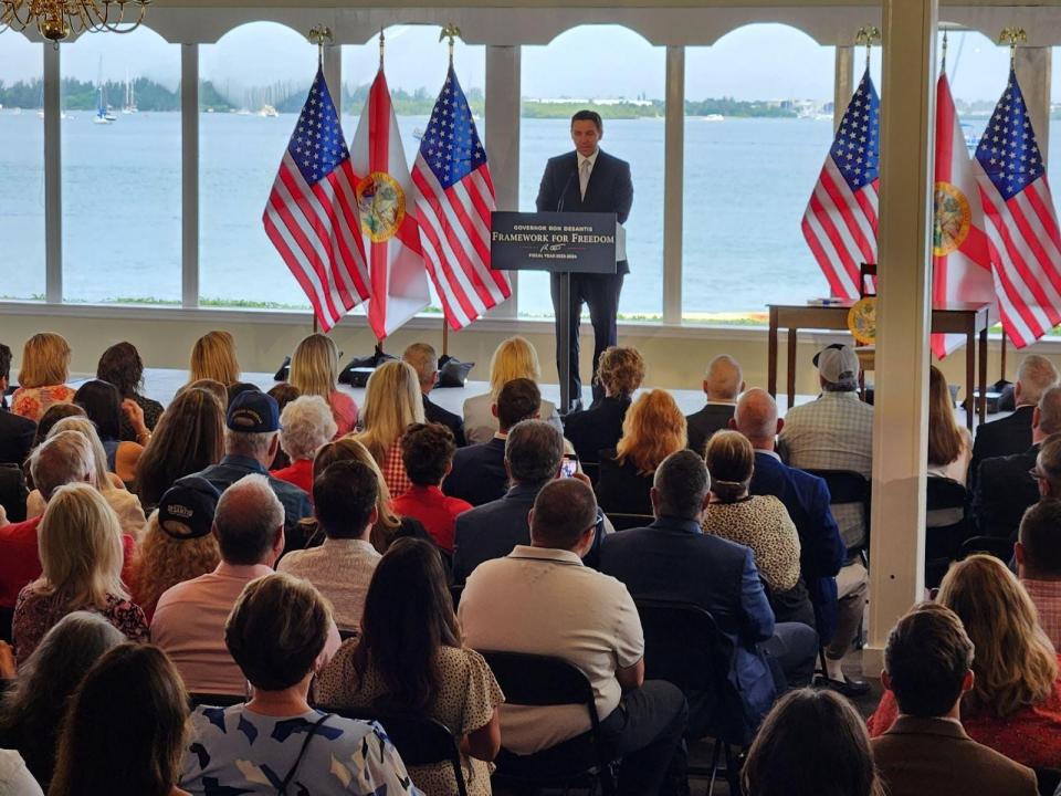 Gov. Ron DeSantis speaks Thursday, June 15, 2023, at the Pelican Yacht Club on Seaway Drive in Fort Pierce.