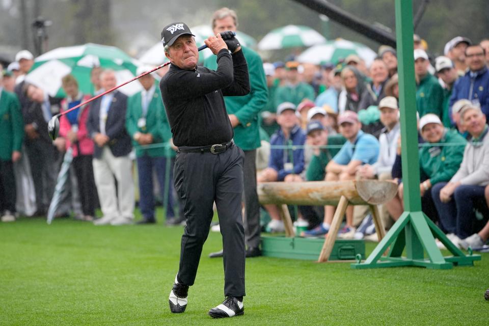 Honorary starter Gary Player tees off from No. 1 during the first round of the Masters.