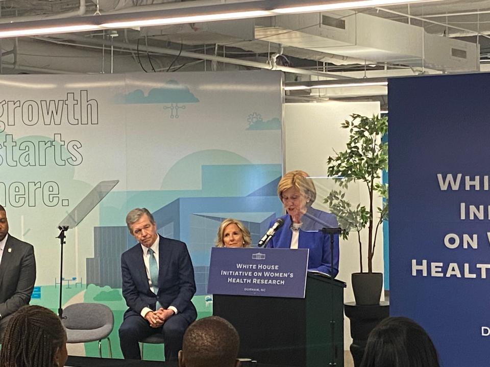 Dean of the Duke University School of Medicine Dr. Mary Klotman speaking at the first lady's event in Durham, North Carolina March 20, 2024 to tout the White House's investments in women's health research