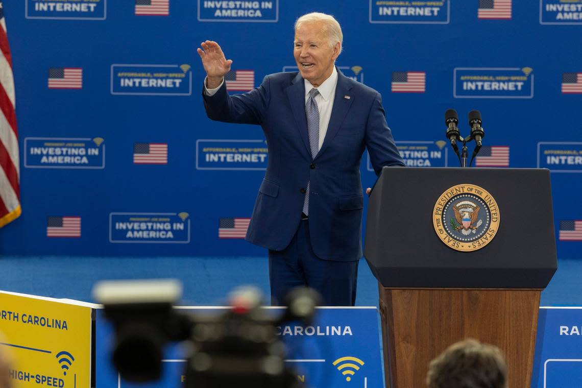 President Joe Biden acknowledges the crowd after speaking Thursday, Jan. 18, 2023 at the Abbotts Creek Community Center in Raleigh. Biden announced plans to invest $82 million from the American Rescue Plan for affordable high speed internet for 20,000 North Carolinians.