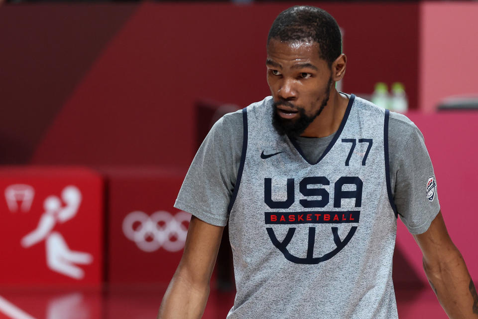 Kevin Durant #7 of Team USA practices at Saitama Super Arena ahead of the Tokyo 2020 Olympic Games on July 22, 2021 in Tokyo, Japan. (Photo by Gregory Shamus/Getty Images)