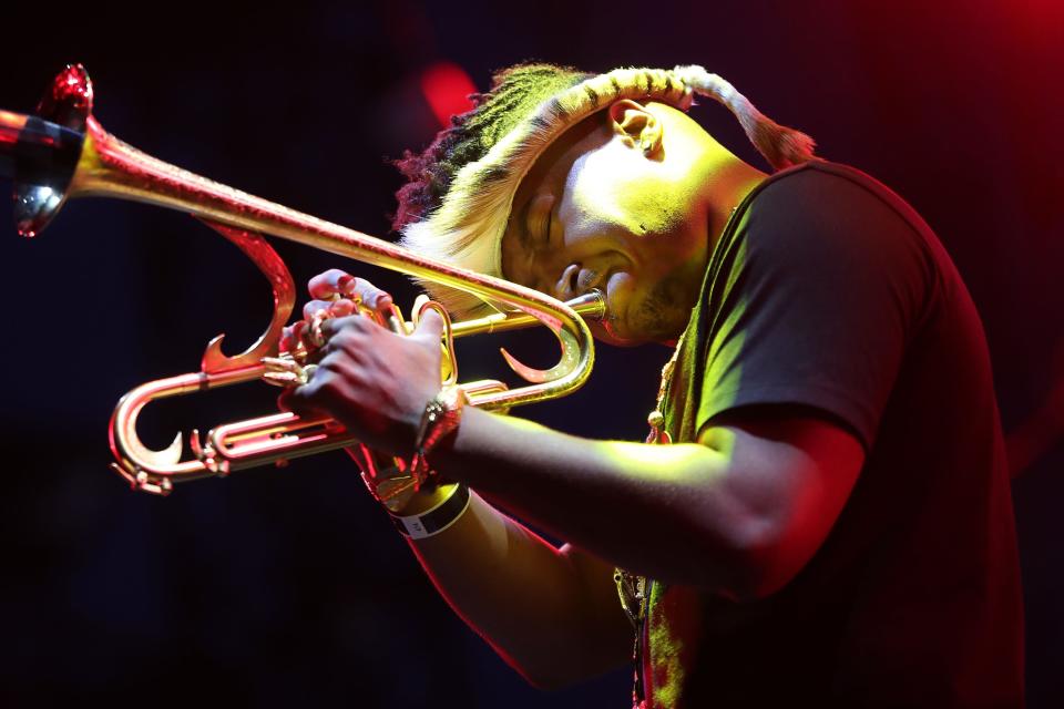 U.S. jazz trumpeter Christian Scott performs on stage during the Nice's Jazz Festival on July 17, 2018 in Nice, southeastern France.