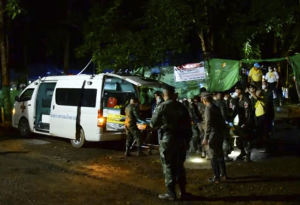 <p>In this screengrab taken from video, emergency workers carry a stretcher with one of the rescued boys to an ambulance, in Chiang Rai Province, Thailand, on July 8, 2018. (Photo: Chiang Rai Public Relations Office via AP) </p>