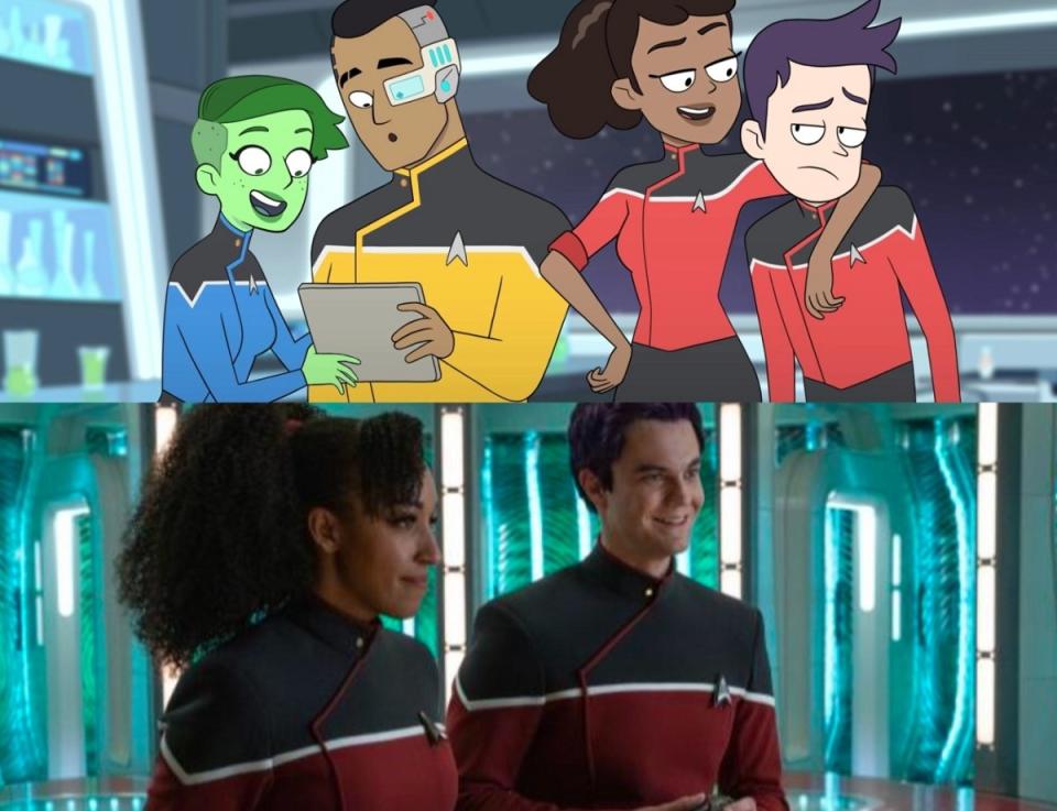 The Lower Decks uniform design, on the animated series and on Strange New Worlds in live-action.