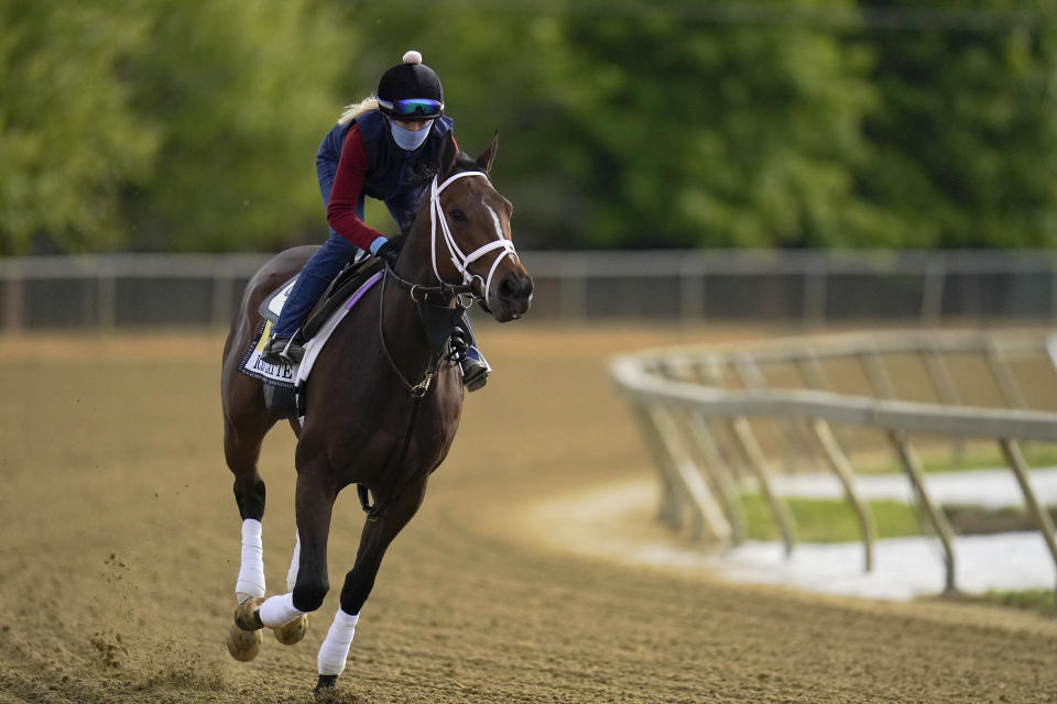 Black-Eyed Susan horse race entrant Iced Latte works out during a training session ahead of the race at Pimlico Race Course, Wednesday, May 12, 2021, in Baltimore. (AP Photo/Julio Cortez)