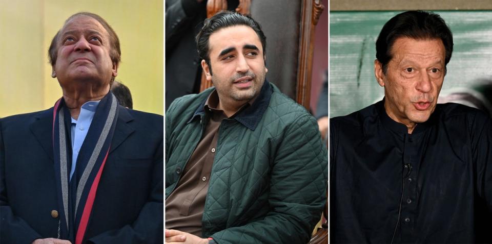 Pakistan's presidential candidates Nawaz Sharif (L) in Lahore on January 29, 2024, Bilawal Bhutto Zardari (C) in Batkhela on January 31, 2024 and jailed Imran Khan in Lahore (AFP via Getty Images)