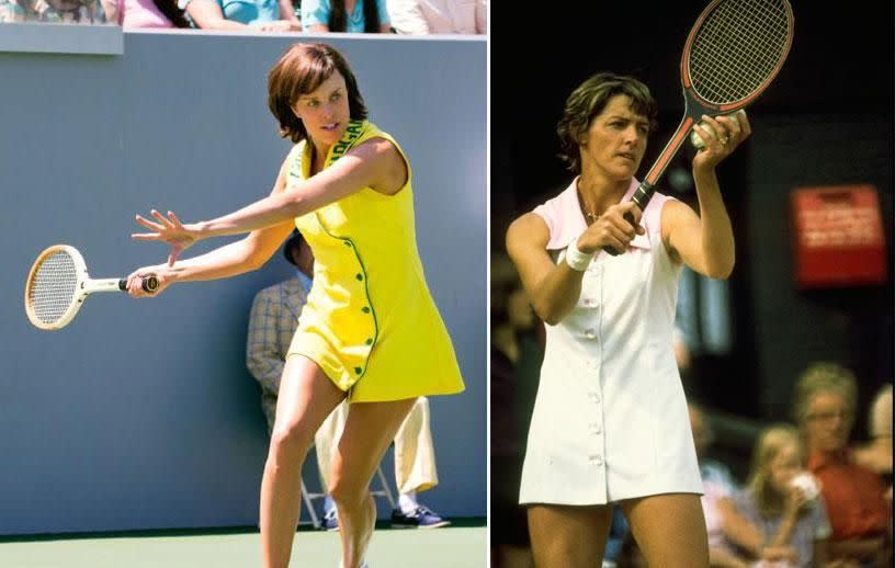Jessica playing Margaret Court in Battle Of The Sexes (L) and the real-life Margaret Court (R). Source: Fox/Getty