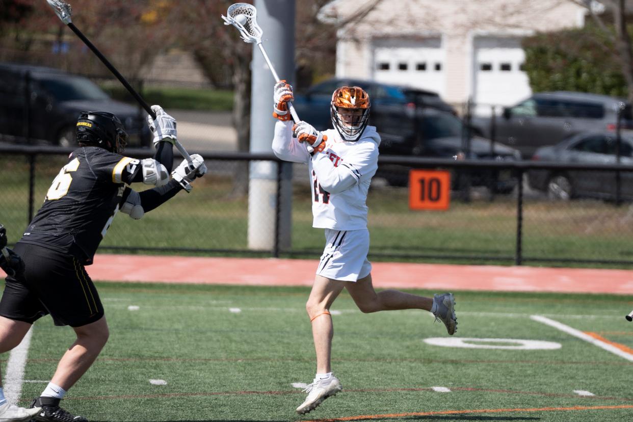 Apr 6, 2024; Tenafly, NJ, USA; West Milford boys lacrosse at Tenafly. T #24 Dylan Reichel takes a shot.