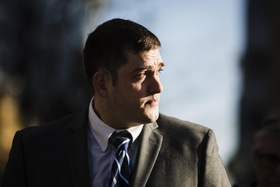 Former East Pittsburgh police officer Michael Rosfeld, charged with homicide in the shooting death of Antwon Rose II, arrives at the Dauphin County Courthouse in Harrisburg, Pa., Tuesday, March 12, 2019. (AP Photo/Matt Rourke)