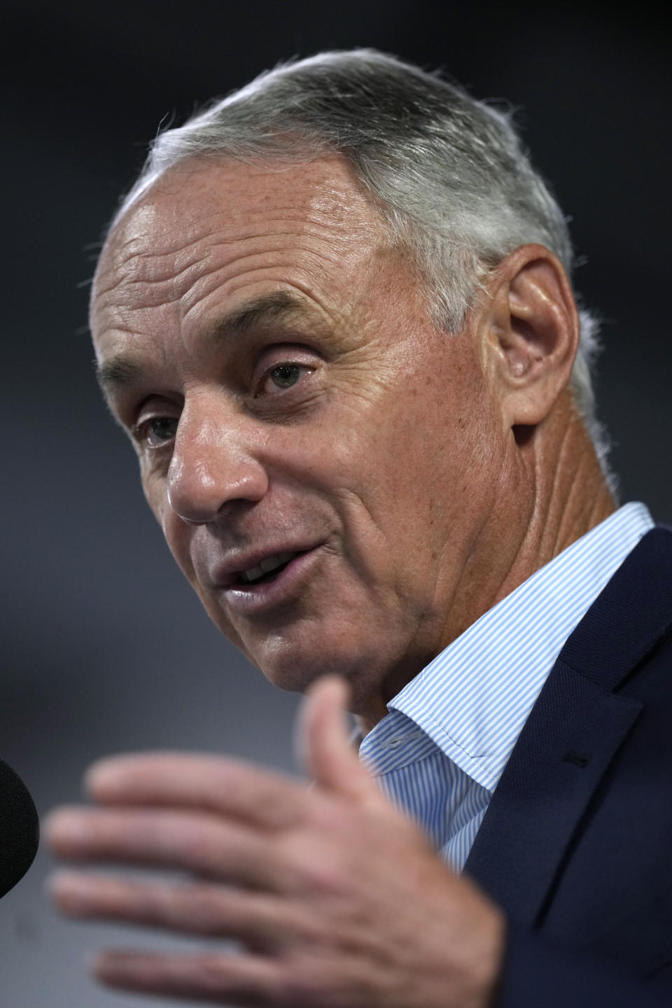 Major League Baseball commissioner Rob Manfred speaks during a baseball spring training media day Thursday, Feb. 15, 2024, in Tampa, Fla. (AP Photo/Charlie Neibergall)