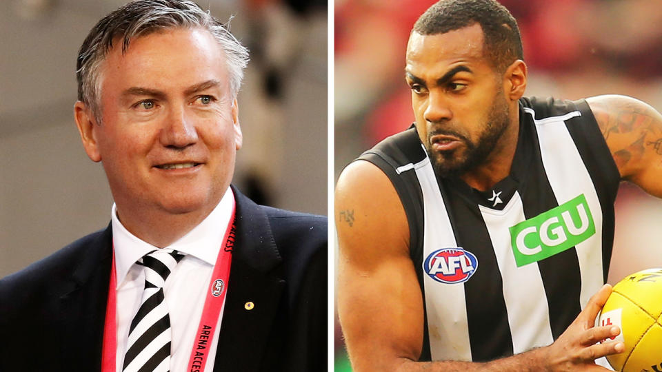 A 50-50 split image shows Collingwood president Eddie McGuire on the left, and former Magpies player Heritier Lumumba on the right.