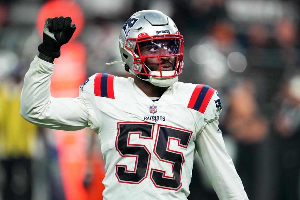 LAS VEGAS, NEVADA - DECEMBER 18: Josh Uche #55 of the New England Patriots reacts during the second half against the Las Vegas Raiders at Allegiant Stadium on December 18, 2022 in Las Vegas, Nevada. (Photo by Chris Unger/Getty Images)