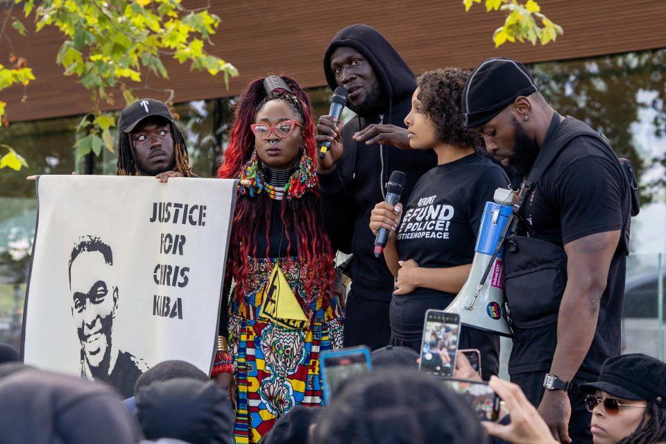 British rapper, singer and songwriter Stormzy speaks during Black Lives Matter protesters march from Parliament Square to New Scotland Yard in central London demanding justice for 24 year old Chris Kaba, who was shot dead by the police last week, London, Britain, September 10, 2022. REUTERS/Maja Smiejkowska