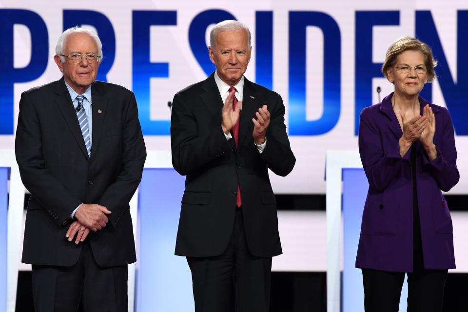 Bernie Sanders, Joe Biden and Elizabeth Warren at a Democratic debate on Oct. 15, 2019, in Westerville, Ohio.