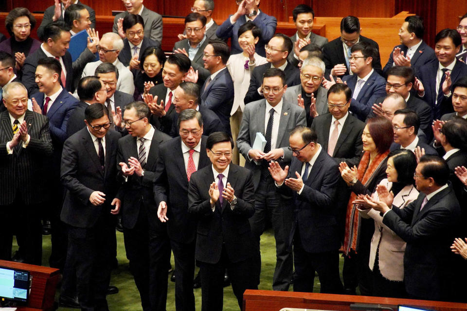 The ordinance fully implements constitutional responsibilities stipulated under Article 23 of the HKSAR Basic Law, and is considered crucial for fixing loopholes and weak links in the HKSAR's system on protecting national security.  (Xinhua News Agency / Xinhua News Agency via Getty Ima)