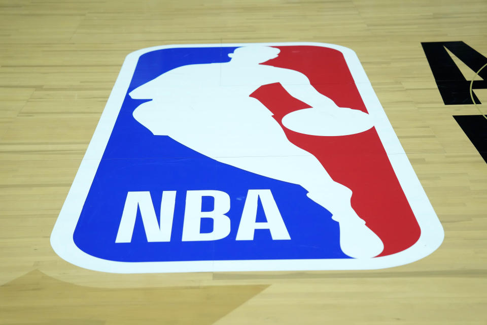 Feb 18, 2023; Salt Lake City, UT, USA; The NBA logo on the court at Huntsman Center. Mandatory Credit: Kirby Lee-USA TODAY Sports